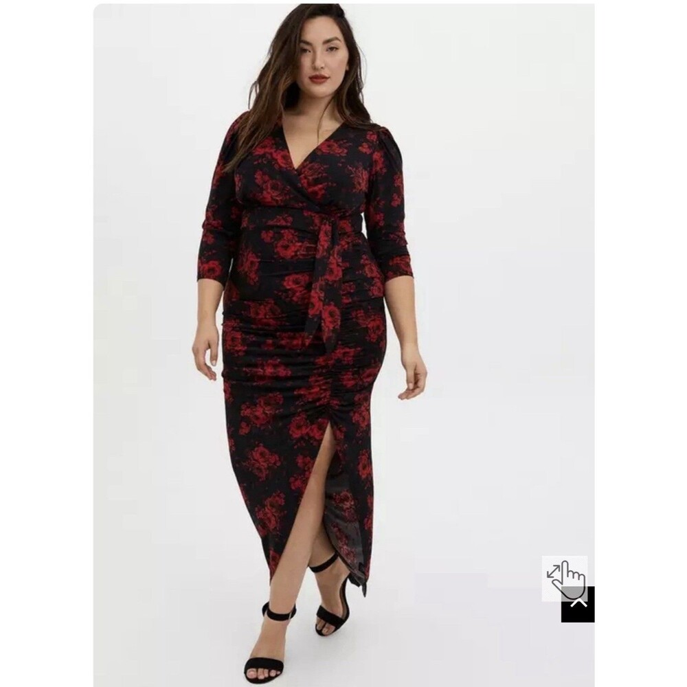 Torrid Knit Romantic Back Slit Maxi Dress Floral Roses Sleeve Black Red Size 5X